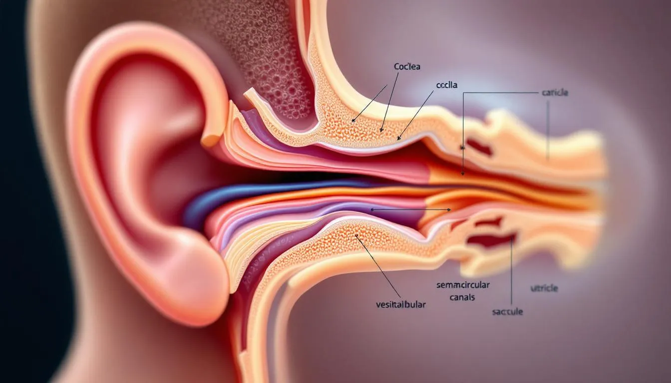 The close-up image illustrates the intricate anatomy of the human inner ear, prominently featuring the cochlea and vestibular structures, which are essential for hearing and balance. Conditions such as Ménière's disease can affect these areas, leading to symptoms like dizziness and tinnitus, which may be alleviated by medications like betahistine.