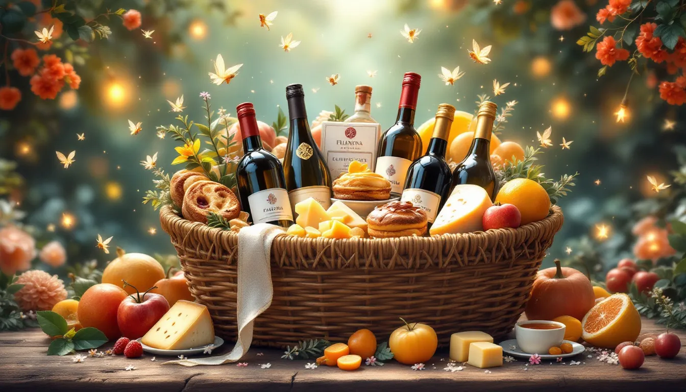 Gourmet food and drink gifts, including a selection of wines and gourmet treats.