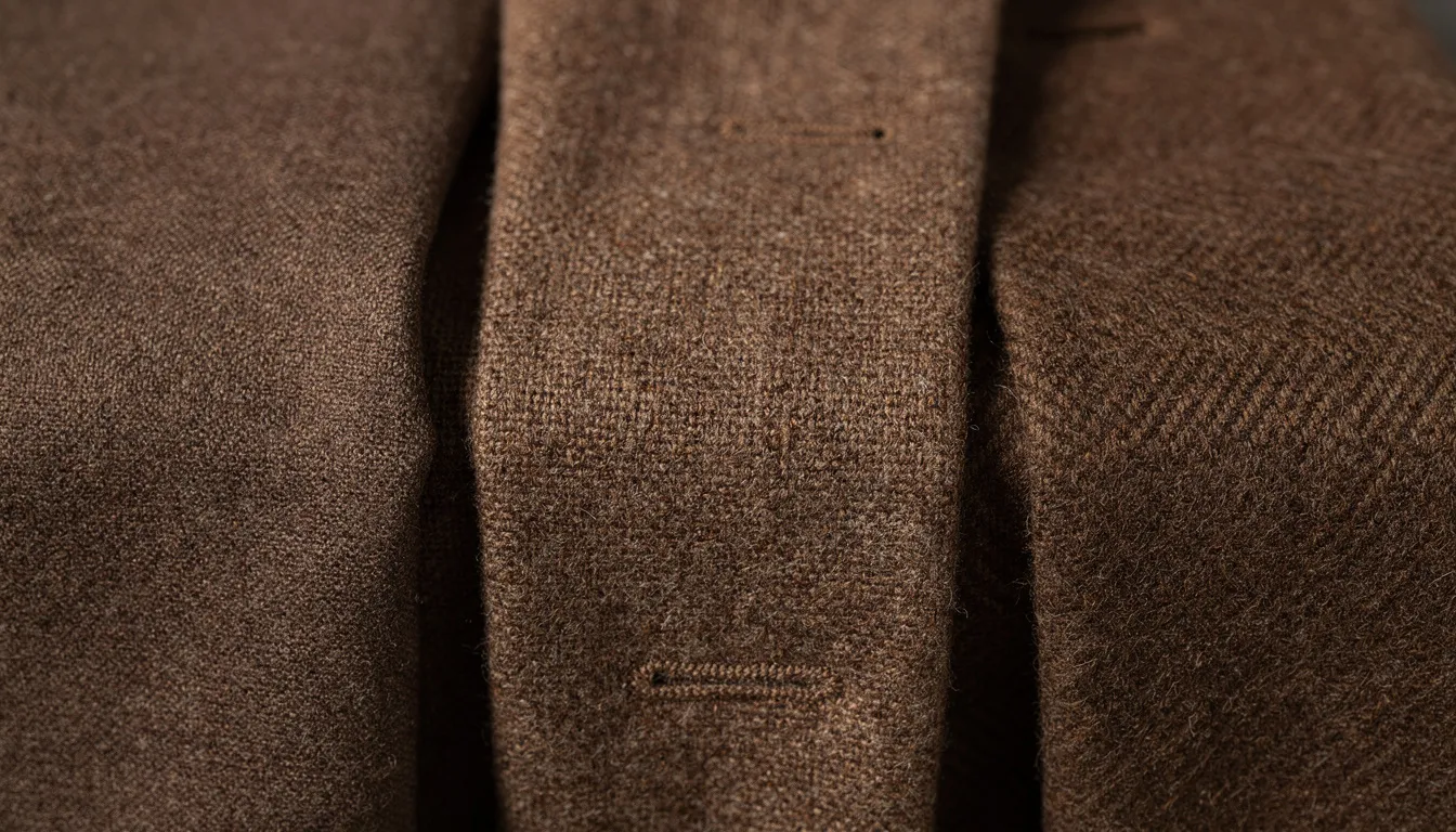 Brązowy Garnitur Ślubny – Jak Wybrać i z Czym Nosić w Dniu Ślubu? 13 Na zbliżeniu widoczne są różne faktury brązowych tkanin garniturowych, takich jak wełna, len i flanela, które doskonale oddają ciepłe tony koloru brązowego. Tkaniny te mogą być użyte do stworzenia eleganckiego brązowego garnituru męskiego, idealnego na formalne okazje, takie jak wesele.