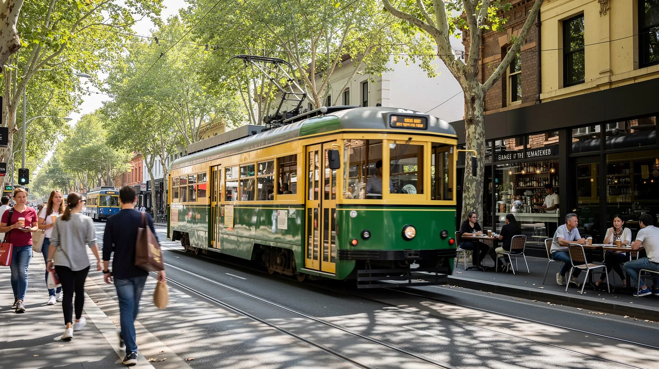 A vibrant green and yellow tram travels along a tree-lined street in Melbourne, Australia's cultural capital, where pedestrians stroll past bustling cafes. The scene captures the essence of city life, blending urban charm with the laid-back lifestyle of this major city.