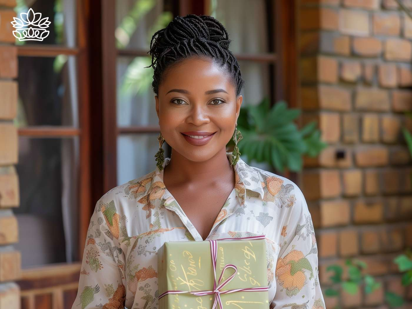 Woman smiling with a gift box, representing the Durban Gift Box Delivery Collection, ready to send hampers and flowers for a special day in Cape Town, ensuring the best service by Fabulous Flowers and Gifts.
