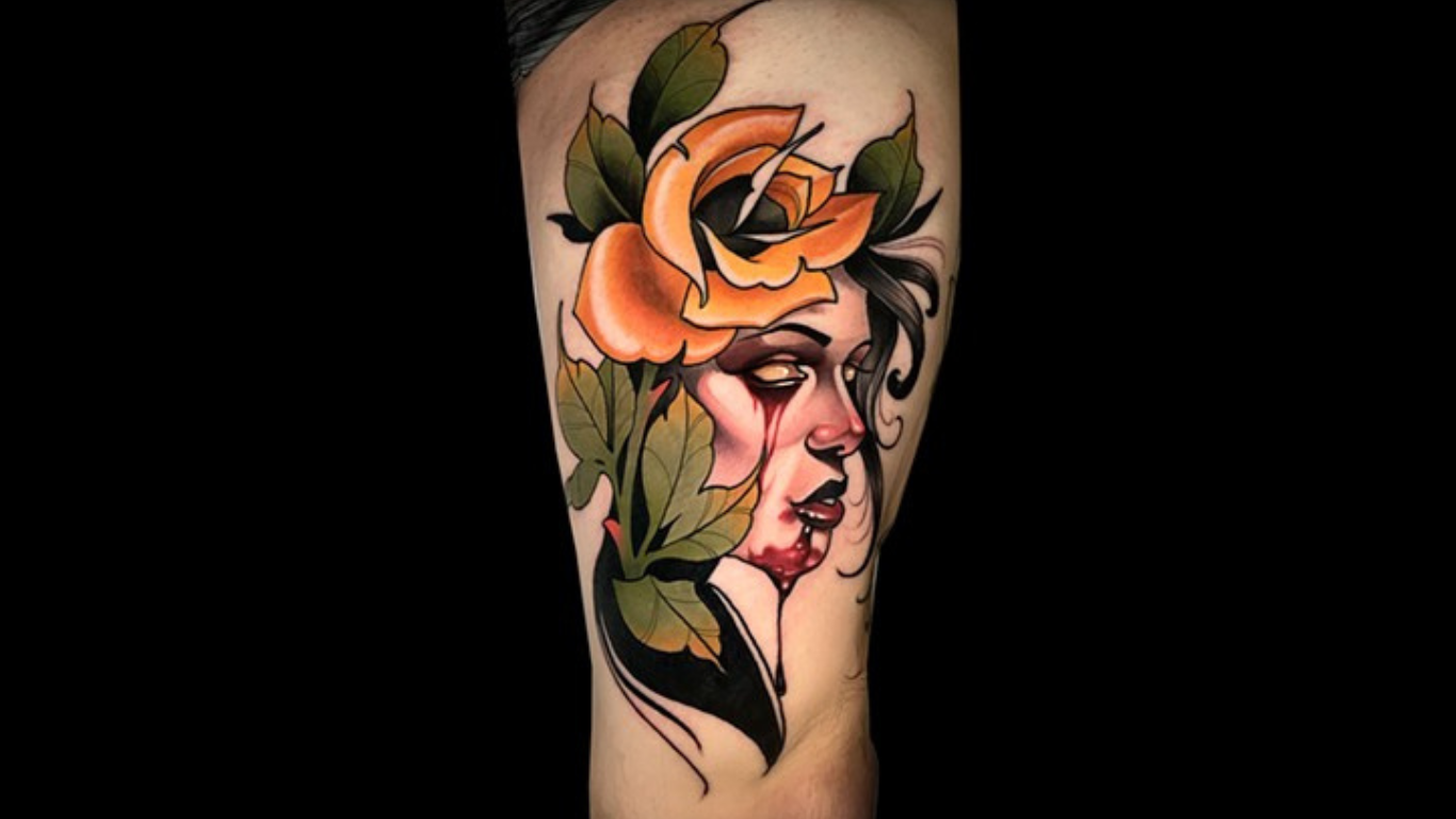 Neo-trad ladyhead with yellow rose by Matt Truiano.