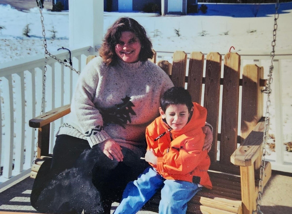 A picture of the author when she struggled with obesity and a child sitting on a wooden bench.