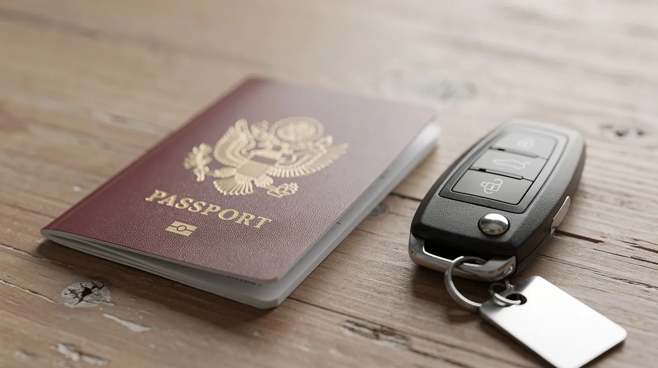The image shows a passport placed next to a set of car keys on a table, symbolizing the journey of prospective drivers who may be preparing to obtain a driver's license and start driving in various countries. The items suggest a connection between travel and the legal requirements for driving, which often include passing theory and practical driving tests.