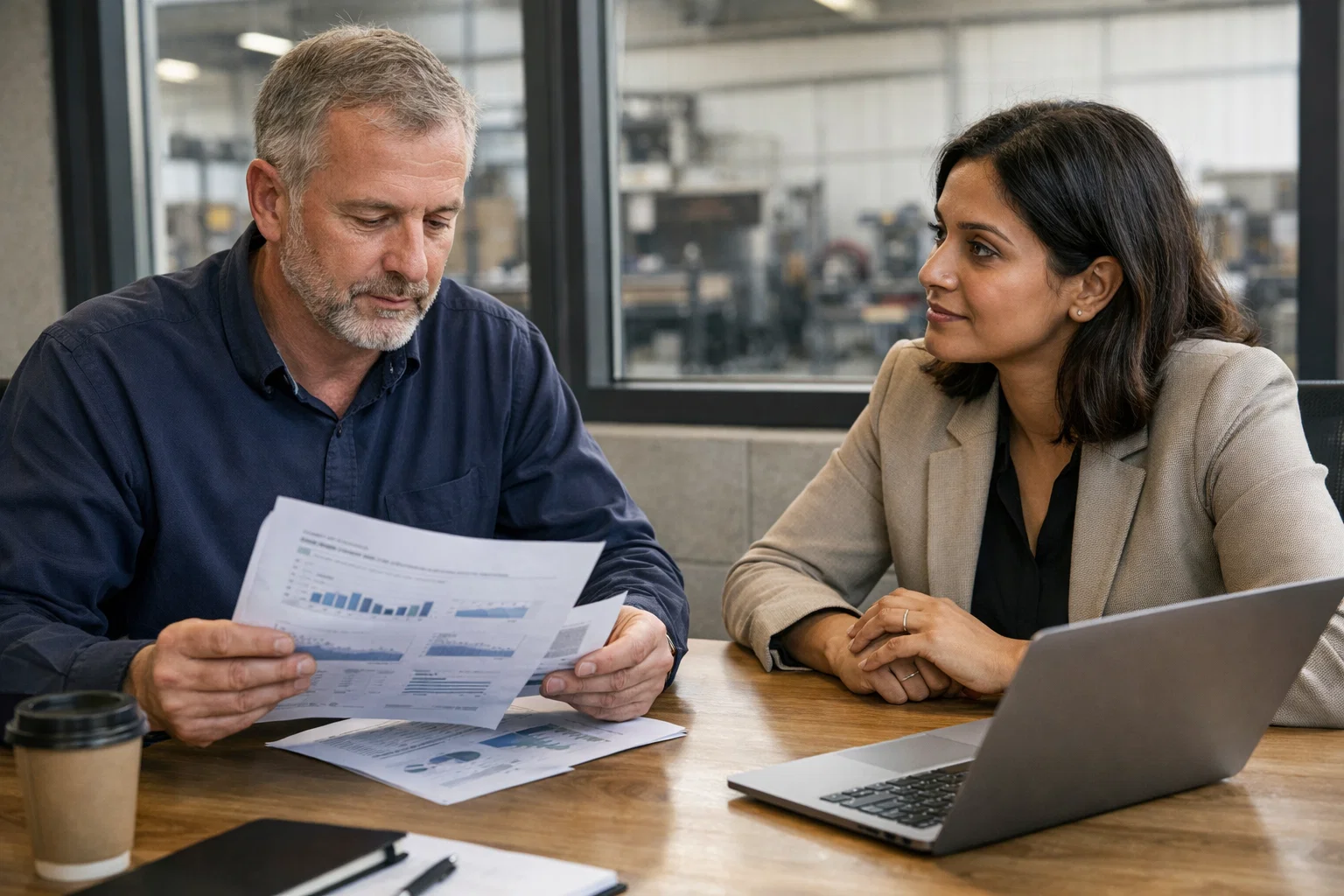 Business meeting discussing SEO strategy for a manufacturing company