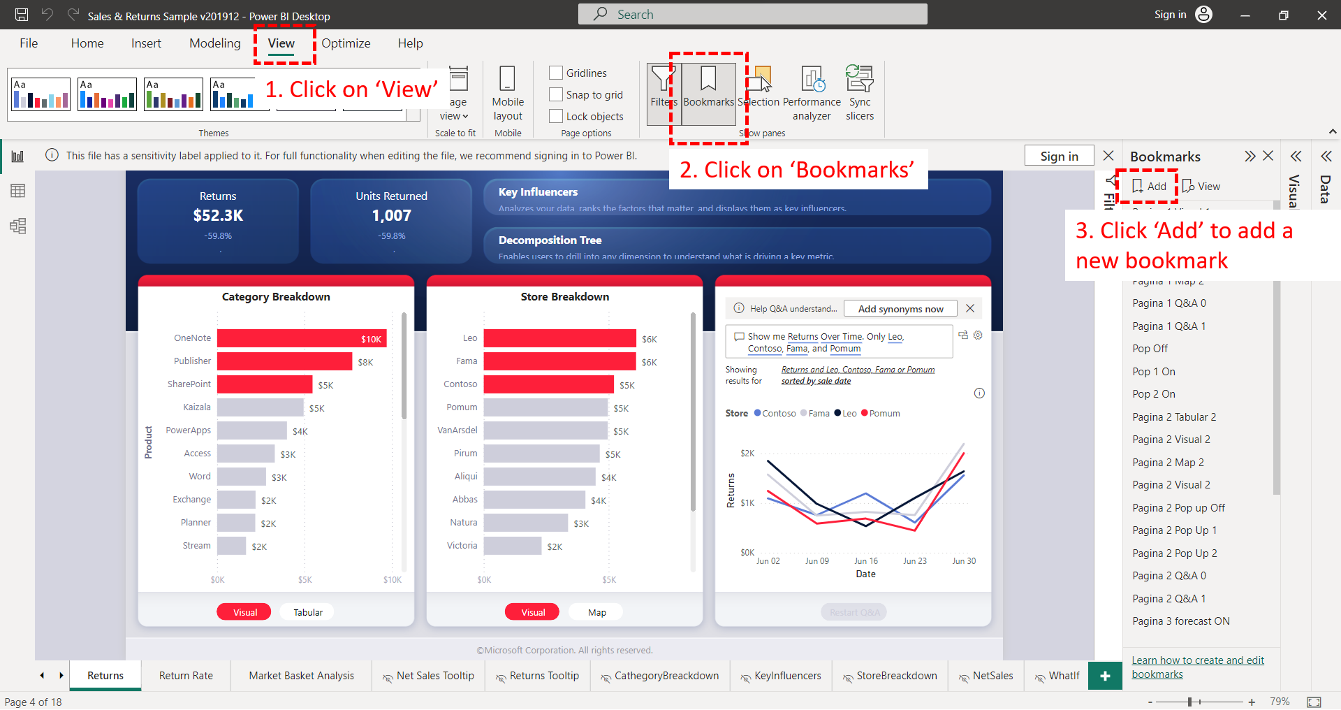 Steps to add bookmarks in Power BI Desktop