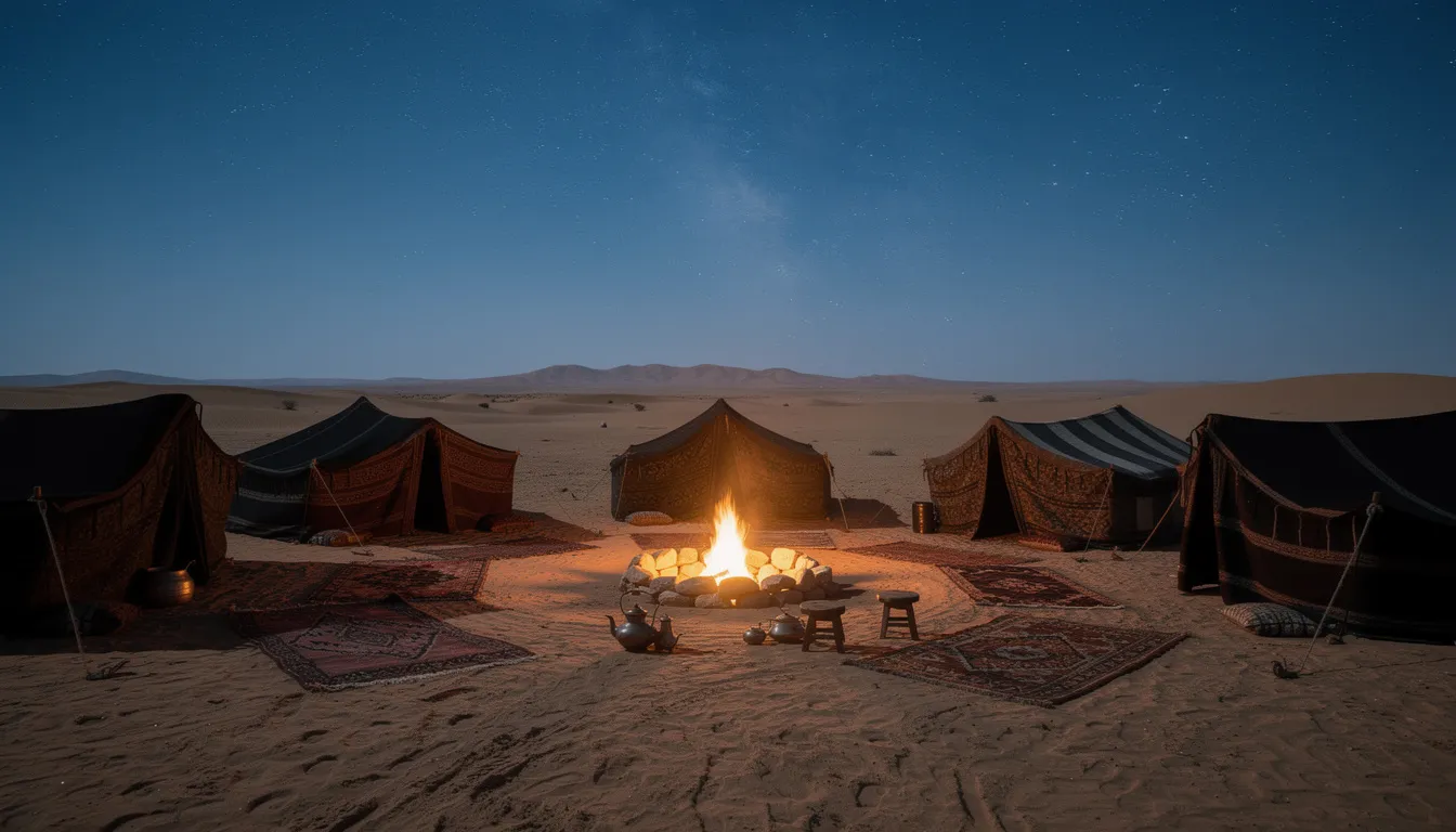 A traditional Berber camp with several tents is set around a glowing fire pit, under a breathtaking starry night sky in the Sahara Desert. This scene captures the essence of desert life, perfect for those planning a camel trek or a camel tour while visiting Morocco.