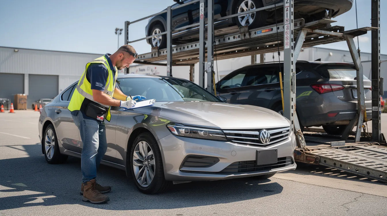 A professional driver is inspecting a sedan parked next to an auto transport trailer, highlighting the attention to detail necessary for safe car shipping. This scene illustrates the commitment of an Iowa auto transport company to ensure quality service in vehicle transportation.