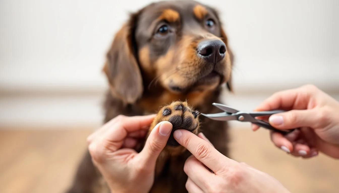 A person is gently holding a dog