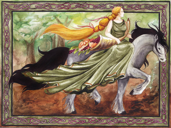 Goddess Epona is riding on a white horse with black hair through the forest. Her green dress and long red hair are flowing behind her while she carries a full cornucopia on the horse. 