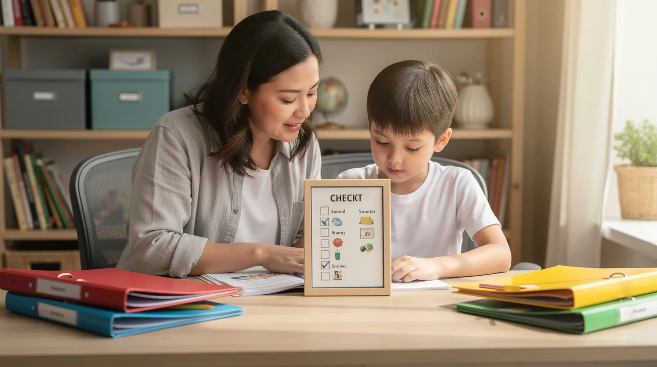 A parent and child are seated at a neatly organized desk at home, engaging with a visual checklist and colorful folders, which may support the child's learning process and enhance their communication skills. This setup creates a supportive learning environment, beneficial for children with autism spectrum disorder, fostering academic success and effective participation in their everyday learning tasks.