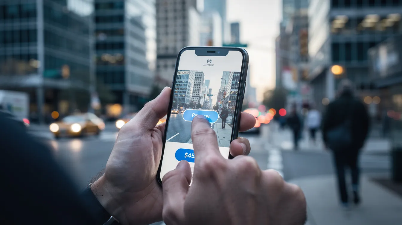 A person is using a smartphone to send money online, with a vibrant cityscape in the background. This mobile payment method highlights the convenience of international money transfer services, allowing users to easily send money abroad from their mobile wallet.