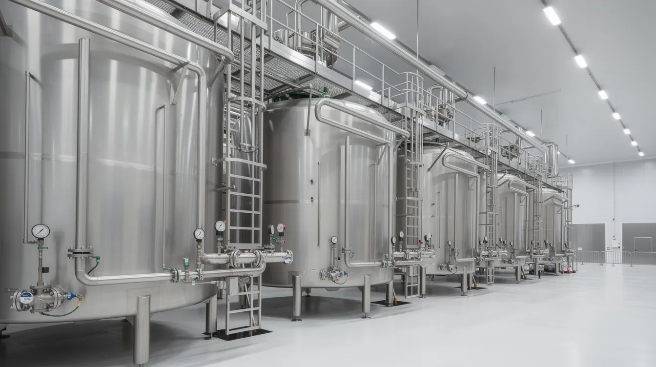 The image depicts a large modern yogurt processing plant featuring industrial stainless steel dairy processing tanks and extensive piping systems. This setup is essential for the yogurt manufacturing process, facilitating the fermentation of raw milk and the production of various fermented dairy products like Greek yogurt and plain yogurt.