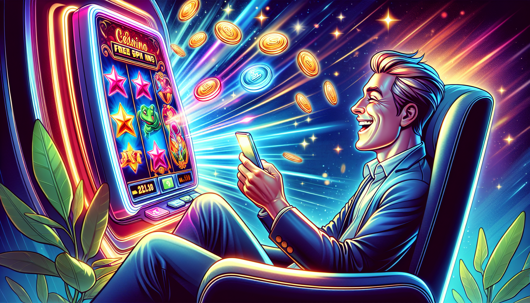 Illustration of a person enjoying mobile casino free spins