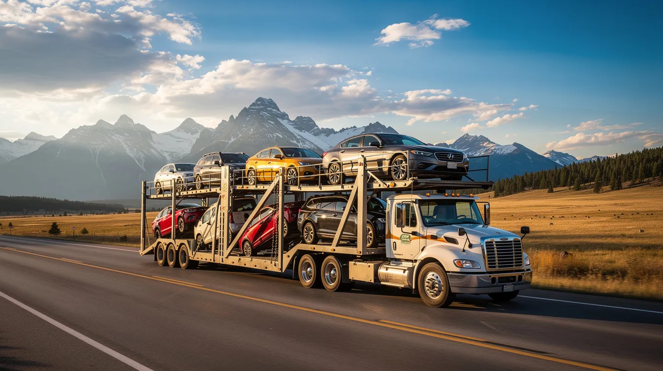 A car carrier truck is driving along a picturesque highway in Montana, with the majestic Rocky Mountains rising in the background. This scene showcases the beauty of Montana's landscape, highlighting the importance of auto transport services for shipping vehicles across the state.