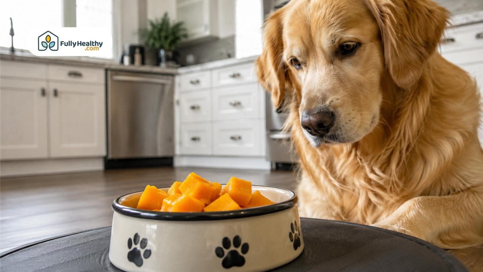 Golden retriever watching bowl of cooked squash in bright home kitchen