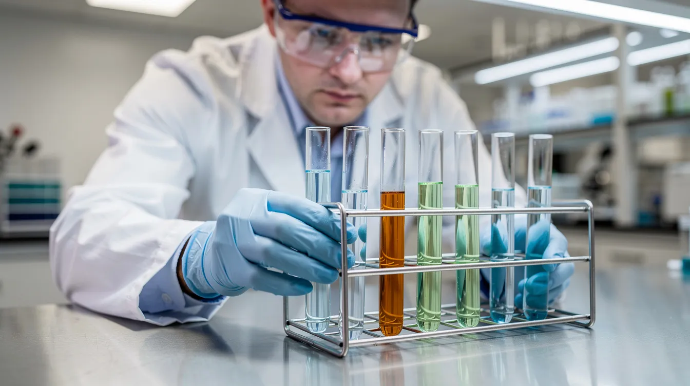 A laboratory technician is intently examining various liquids in glass test tubes, illuminated by bright fluorescent lights. The setting suggests a focus on testing hemp derived products, possibly exploring their legal status under federal law and state regulations regarding THCA and other cannabinoids.