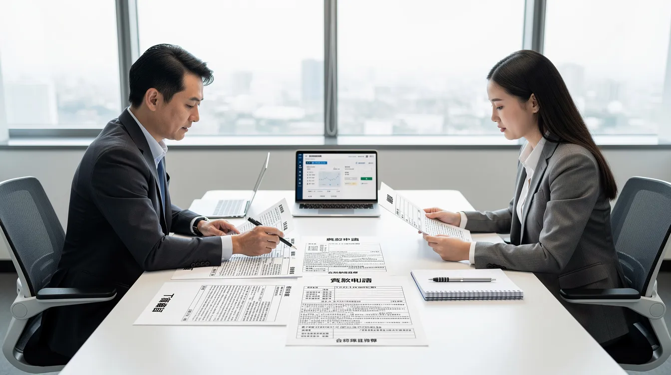 An office scene shows a client and a consultant engaged in a discussion about loan documents, focusing on terms like "貸款 申請" and "實際 年 利率." The consultant appears to explain the details of the loan application process, including the "每月 還款 額" and "還款 期."