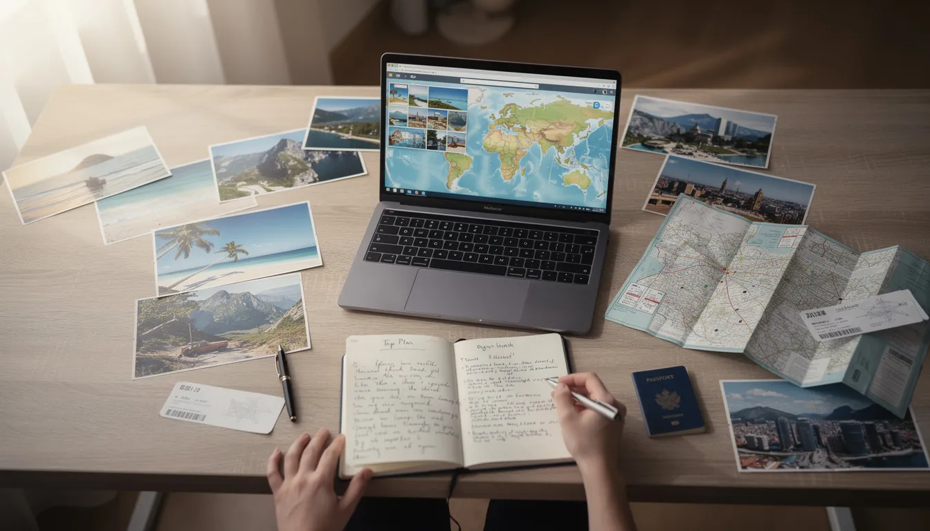 A person is sitting at a desk, surrounded by a laptop, a notebook, and travel photos, actively planning their next trip. This scene captures the essence of travel marketing, where potential customers engage with destination guides and itineraries to increase bookings and explore new adventures.
