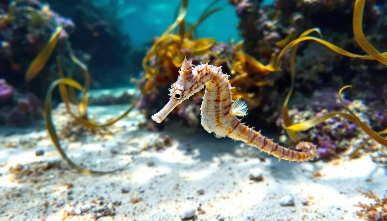 In der Darstellung sind mehrere kurzschnäuzige Seepferdchen zu sehen, die elegant im Wasser schwimmen. Diese kleinen Fische gehören zur Familie der Syngnathidae und sind bekannt für ihre charakteristischen Schnauzen und die auffälligen Rückenflossen.