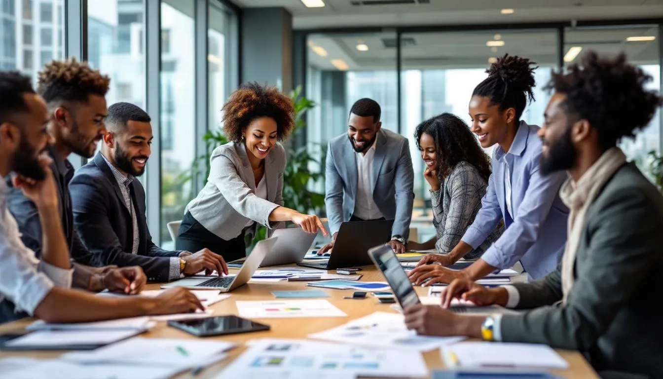 Ein diverses Team von Fachkräften arbeitet gemeinsam an einem Projekt, das sich auf nachhaltige Unternehmensführung und die Umsetzung von ESG-Kriterien konzentriert. Die Zusammenarbeit symbolisiert den Austausch von Ideen und Strategien, um soziale und umweltfreundliche Aspekte in den Unternehmensalltag zu integrieren.