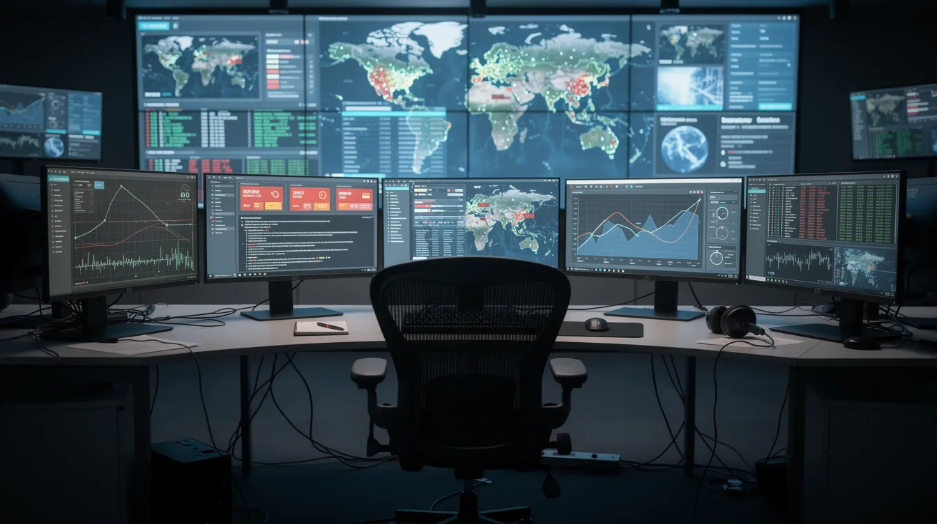 The image shows a cybersecurity operations center featuring multiple monitors displaying various security dashboards, with an empty chair suggesting a potential gap in team productivity. This scenario highlights the risks and costs associated with a bad hire, which can negatively impact the entire team's morale and performance.