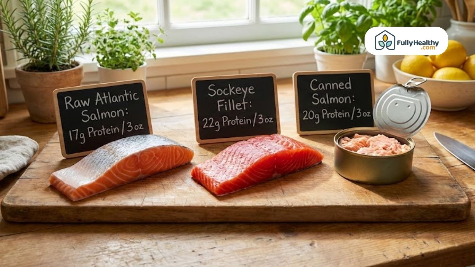 Three types of salmon with protein content on a wooden board