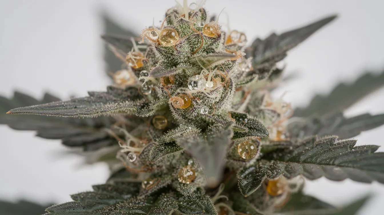 A close-up macro shot of cannabis flower reveals amber and milky trichome heads resting on dark green leaves, showcasing the potent qualities of this strain. The image captures the dense buds that are characteristic of hardcore OG, hinting at its potential for deep relaxation and pain relief.