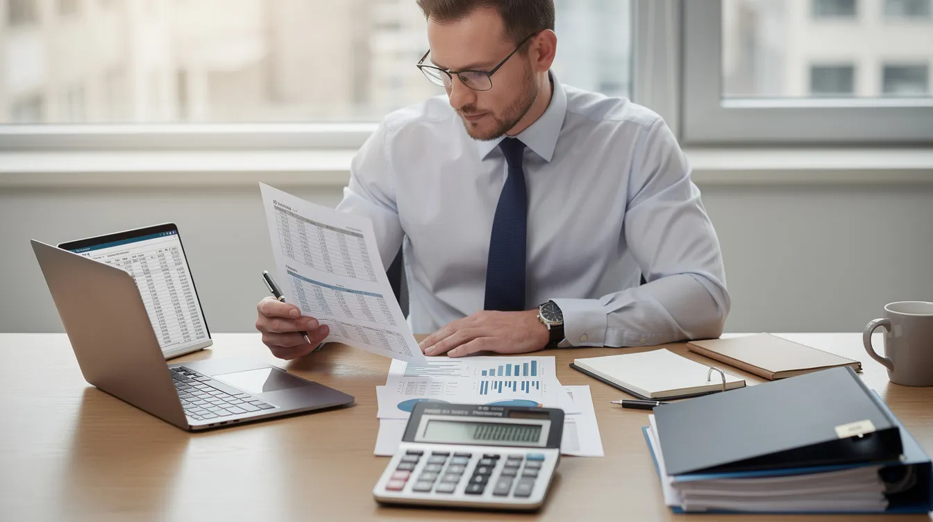 60e4cd18 a0bb 4186 ae91 1c1dd372d27e A chartered accountant is seated at a desk, meticulously reviewing financial documents and spreadsheets, with a calculator in hand. This scene highlights the importance of financial oversight in sectors like agriculture, where sustainable farming practices and the rice industry play a crucial role in food security and rural development.