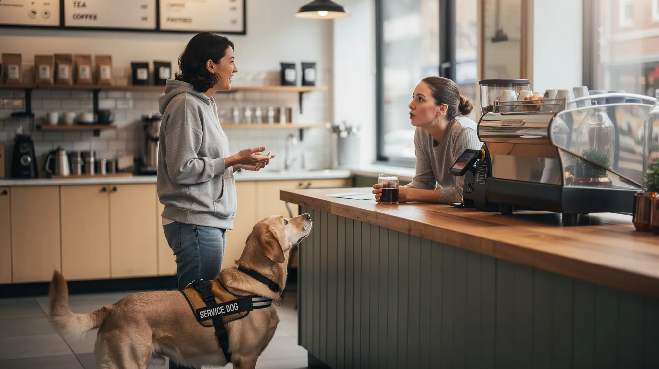 A person with a service dog stands at a café counter, calmly engaging with the staff while the well-trained service animal remains focused and under control. This scene highlights the important role of service animals in assisting individuals with disabilities in public spaces.