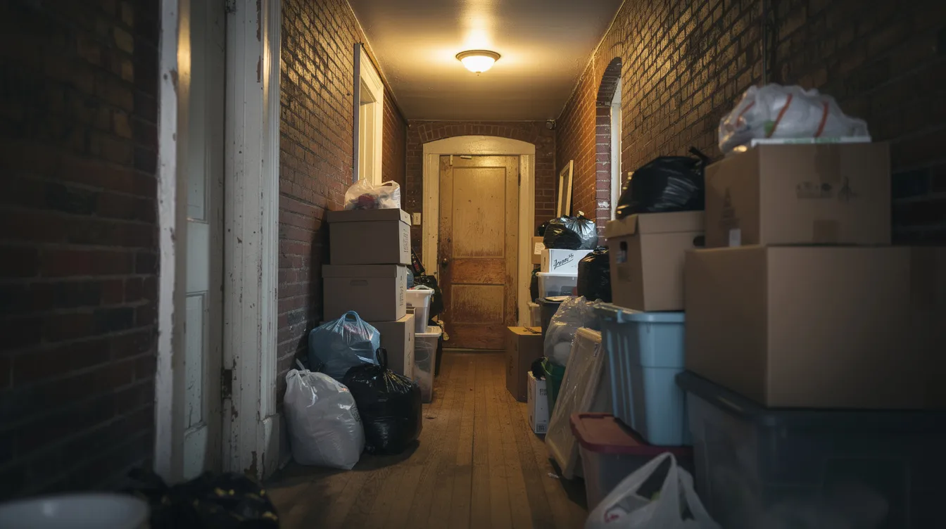 Cluttered narrow hallway in a Philadelphia brick rowhome filled with stacked boxes and bags during a hoarding situation