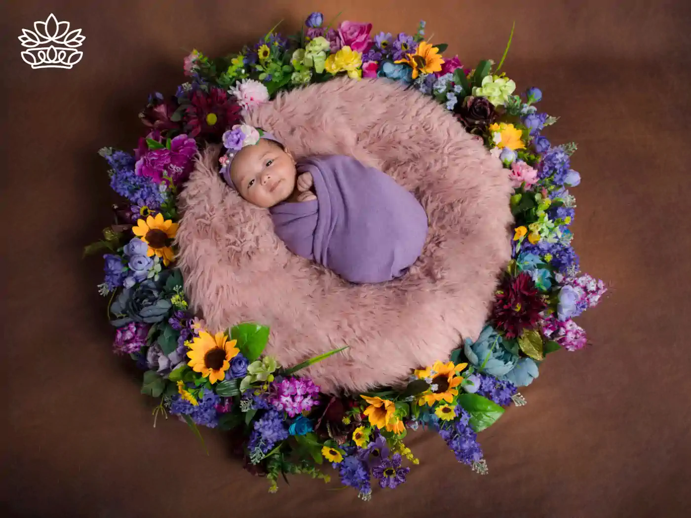 Newborn baby wrapped in a purple blanket surrounded by a floral wreath. Fabulous Flowers and Gifts. New Baby Flowers British English.
