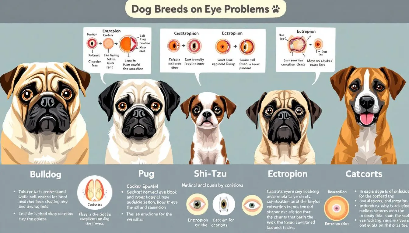 In the image, various dog breeds known for eye problems, such as Bulldogs and Cocker Spaniels, are depicted, showcasing their distinct eye conditions, including redness and irritation. The focus is on the dog