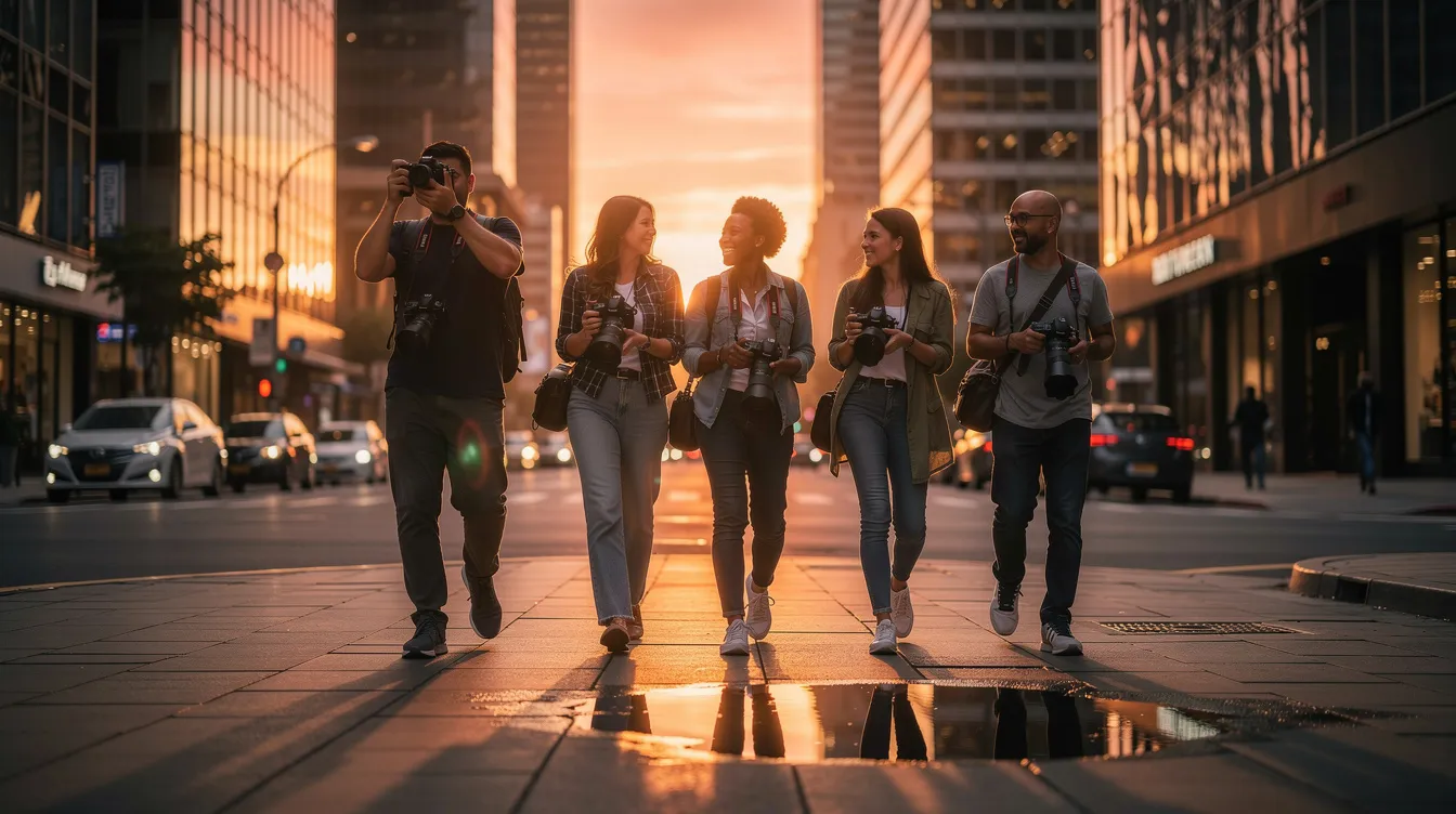 A small group of professional photographers strolls through a city street at sunset, each holding a mirrorless camera, capturing the stunning lighting conditions and vibrant colors of the scene. The photographers are engaged in their craft, showcasing their skills with excellent cameras that offer high image quality and fast autofocus.