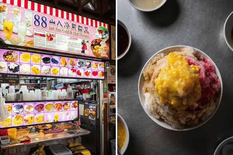 Split-screen image of the brightly lit 88 San Ren Cold & Hot Dessert stall featuring its extensive, colorful picture menus, alongside a dramatic top-down photograph of a vibrant shaved ice dessert topped with yellow sweet corn and red syrup on a textured metal table.