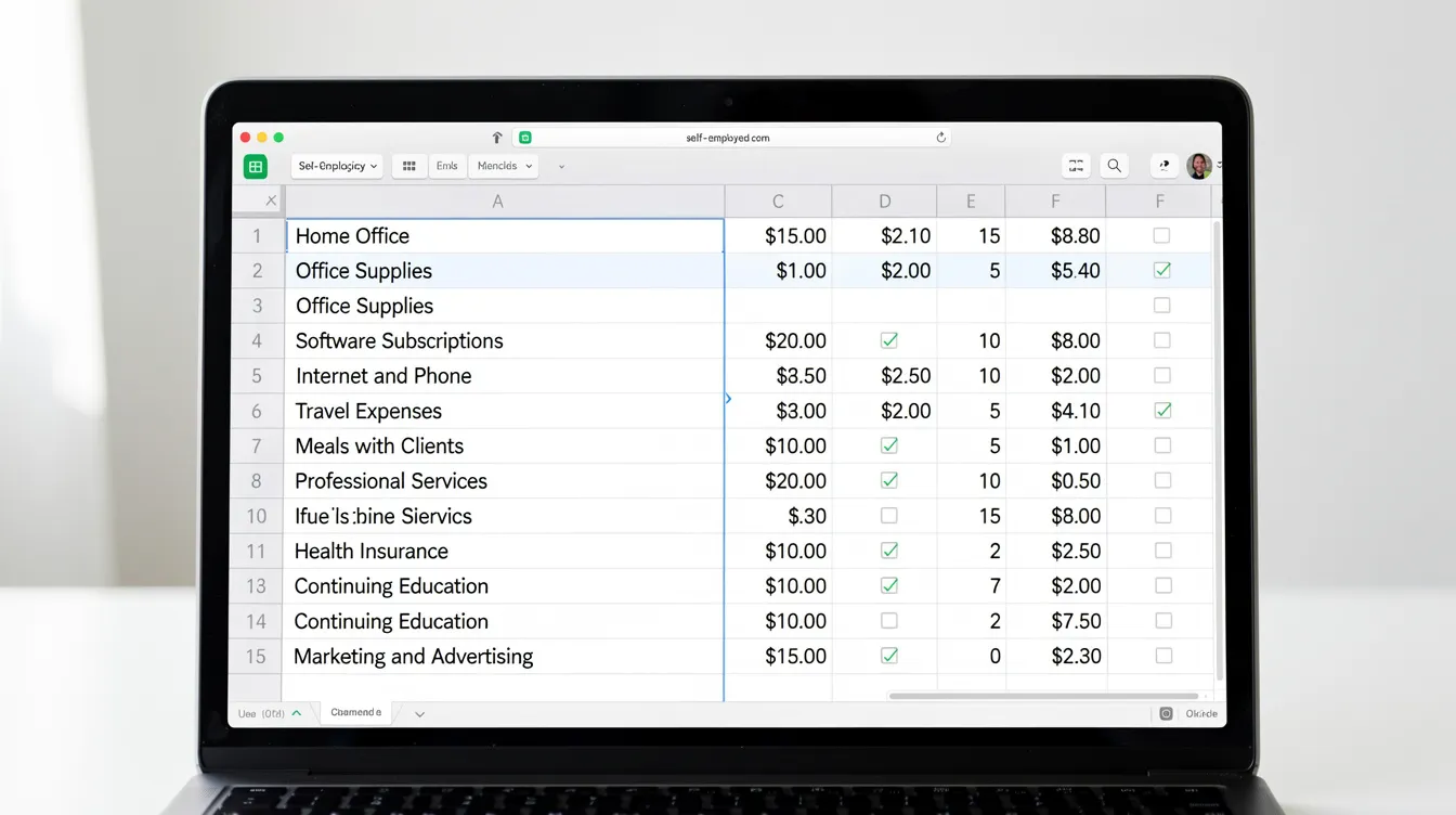 The image depicts a detailed spreadsheet listing various tax deductions available for self-employed individuals, including business expenses, health insurance premiums, and home office deductions. This resource is essential for understanding self employment taxes and managing tax liability effectively during tax season.