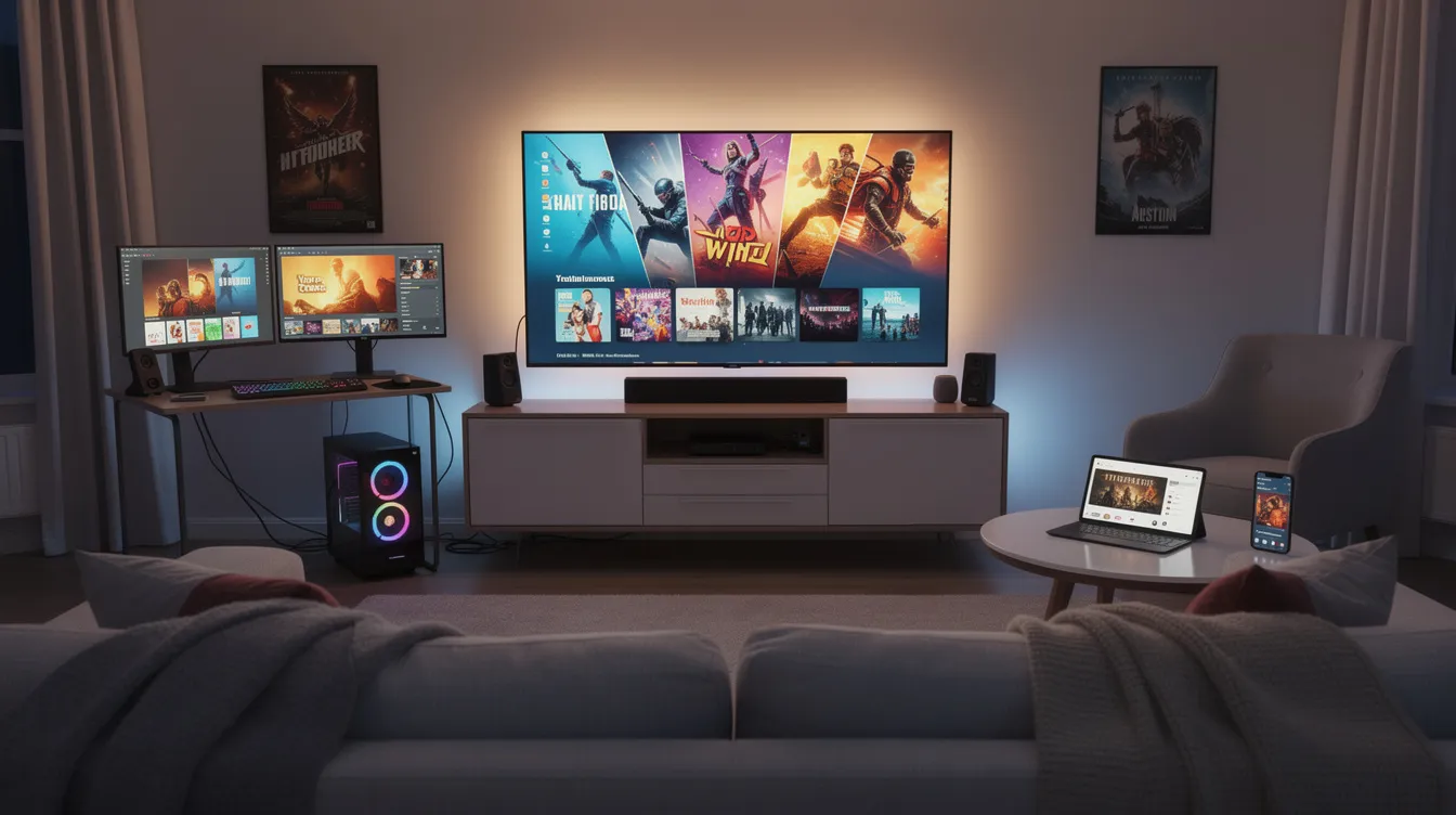 The image depicts a cozy living room streaming setup featuring a smart TV and various devices, such as an Android TV box and a Fire Stick, showcasing a range of entertainment content including live TV, movies, and sports. This setup highlights the convenience of premium IPTV services, offering smooth streaming quality and instant access to international channels and a vast VOD library.