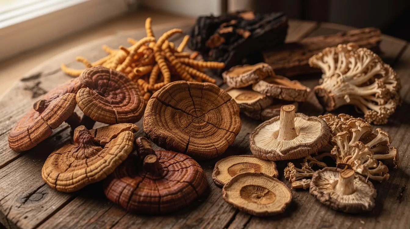 The image features a close-up view of various dried medicinal mushrooms, including reishi and lion's mane, artistically arranged on a rustic wooden table. These mushrooms are known for their potential health benefits, including support for respiratory health and anti-inflammatory properties, which may aid asthma patients and those with respiratory diseases.