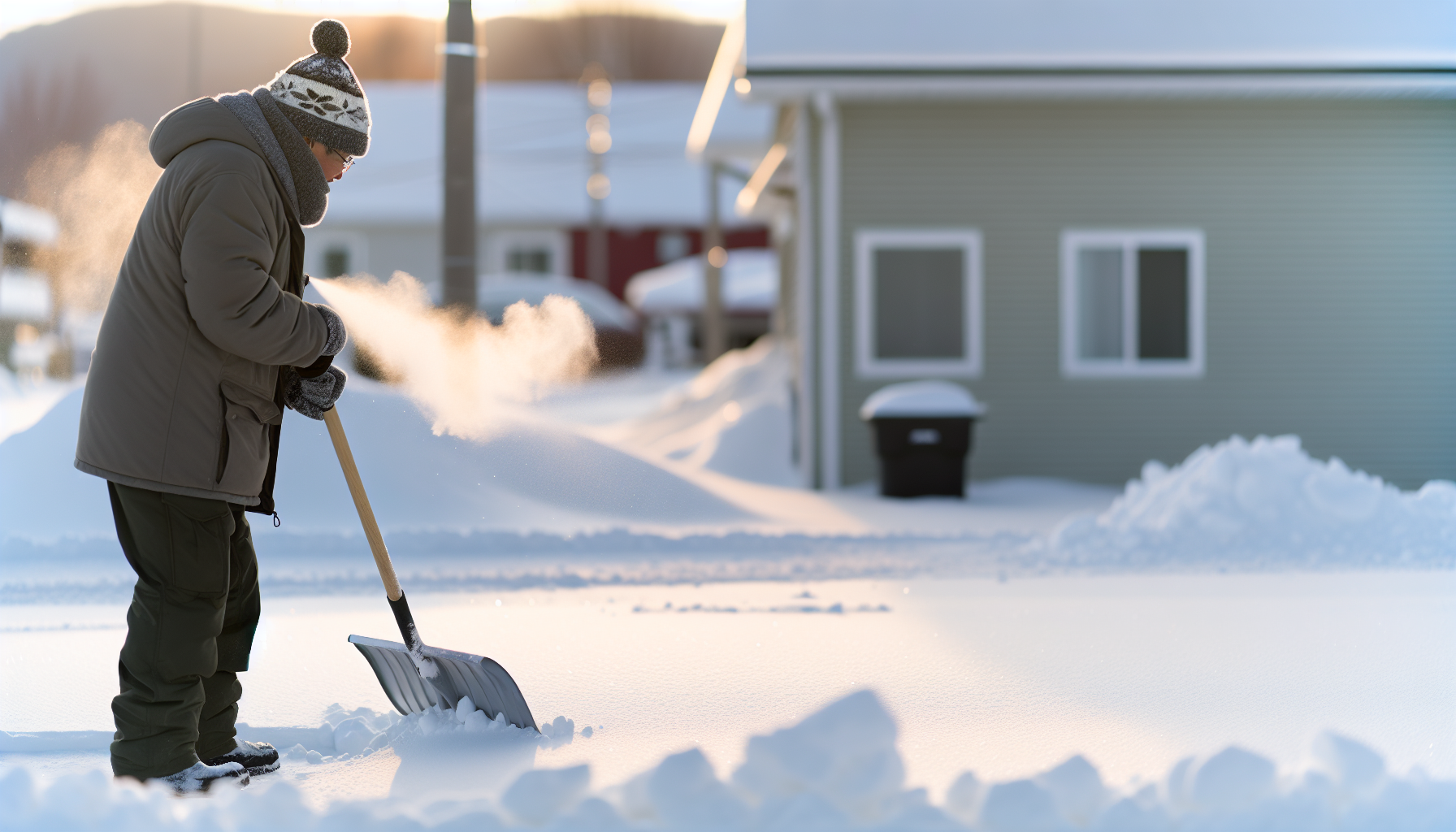 Person shoveling snow in the early morning