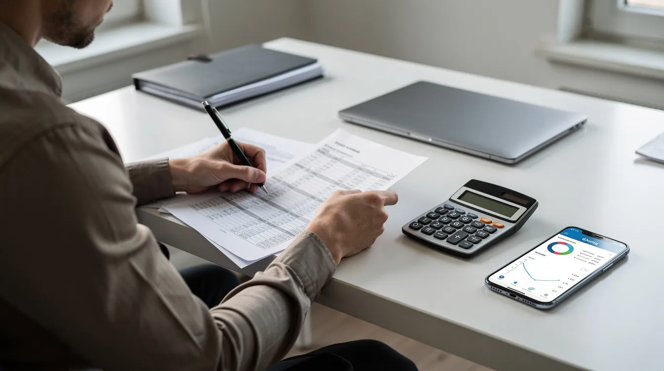 A person is seen reviewing financial documents on a desk, accompanied by a calculator and a smartphone. The scene suggests an environment focused on managing loans and financial planning, possibly involving a loan application or approval process.