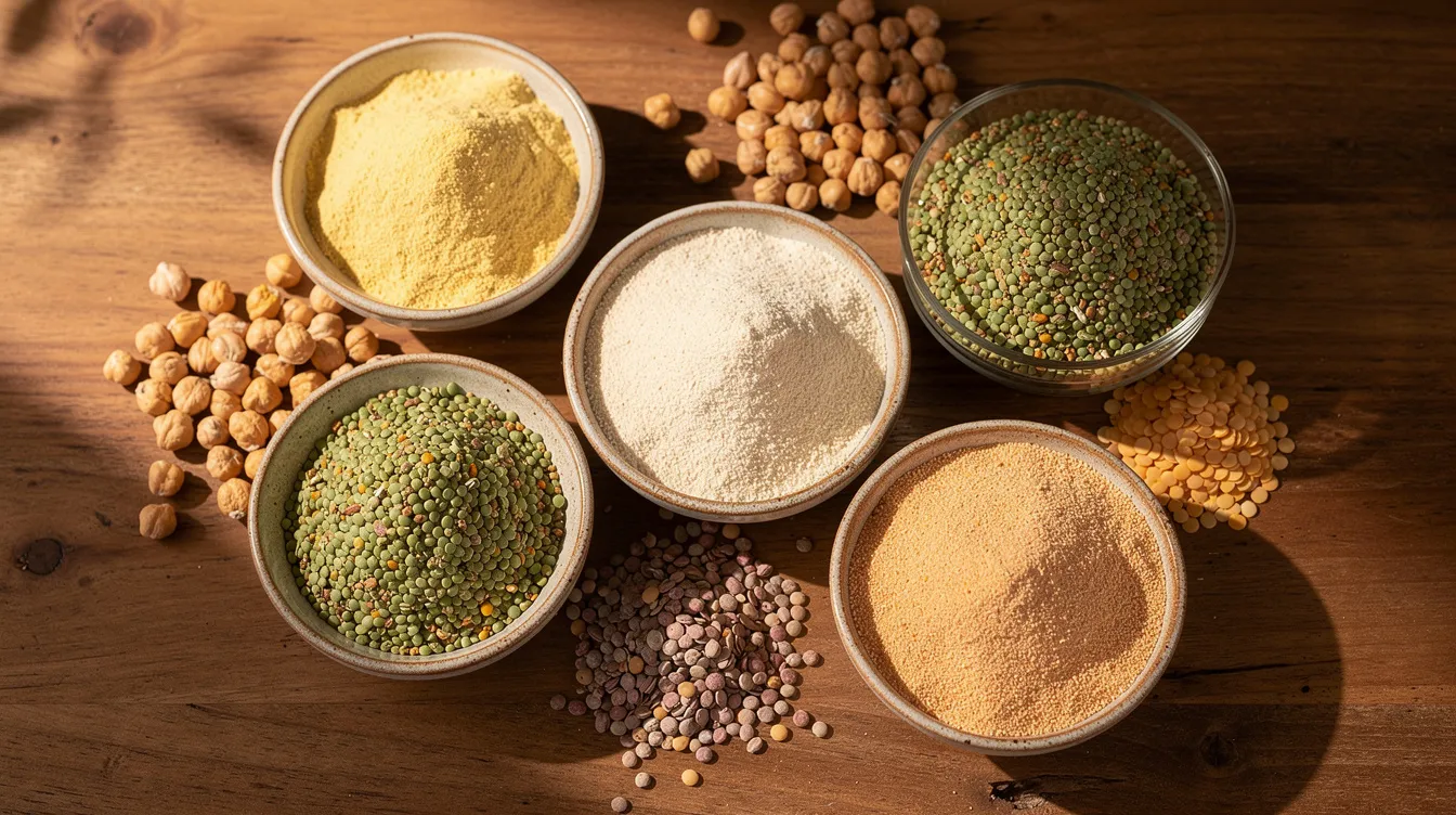 The image features an array of colorful pulse flours displayed in small bowls on a wooden surface, accompanied by whole pulses such as chickpeas, moong, urad, and masoor. This visually appealing arrangement highlights the diversity of pulse flour products, which are increasingly adopted by health-conscious consumers seeking gluten-free and nutritious alternatives in the food market.