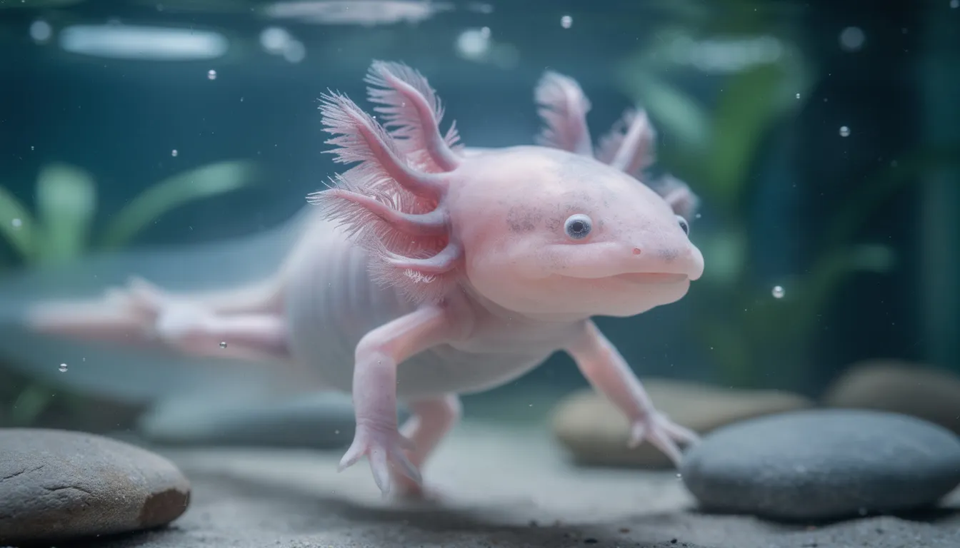 An axolotl salamander is swimming gracefully in clear water, showcasing its remarkable regenerative capacity as a species known for its ability to regenerate limbs and other tissues. This image highlights the unique biological processes involved in cell regeneration, making the axolotl a significant example in stem cell research and regenerative medicine.