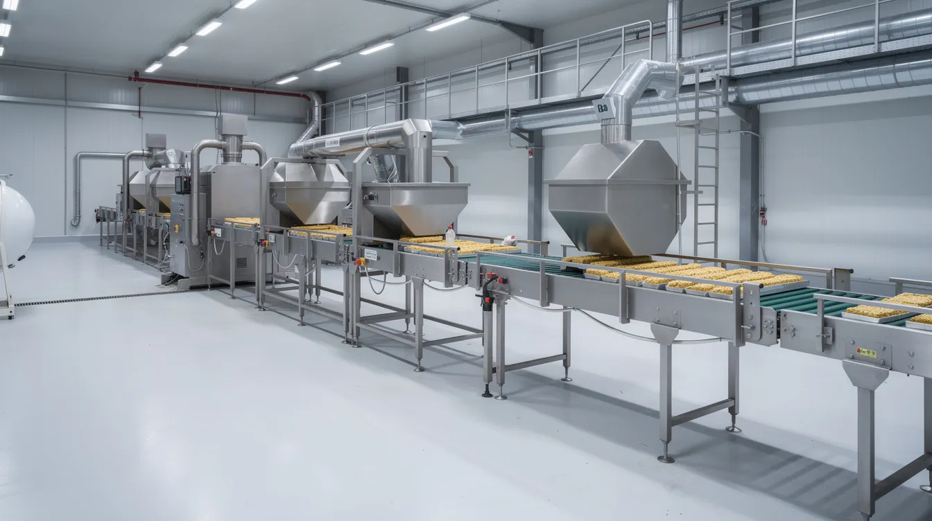 The image depicts industrial food processing machinery in a clean factory setting, featuring conveyor belts and metal hoppers used for the puffed rice manufacturing process. This environment highlights the production of rice grains transformed into popular snacks, demonstrating the efficiency and scale of the puffed rice industry.