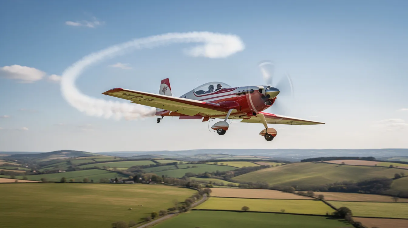 An aerobatic plane performs a graceful roll over open countryside, showcasing the skill involved in aerobatic flying and the beauty of aerial maneuvers. This scene reflects the thrilling aspects of aerobatic training, where pilots execute complex maneuvers in modified aircraft against a picturesque backdrop.
