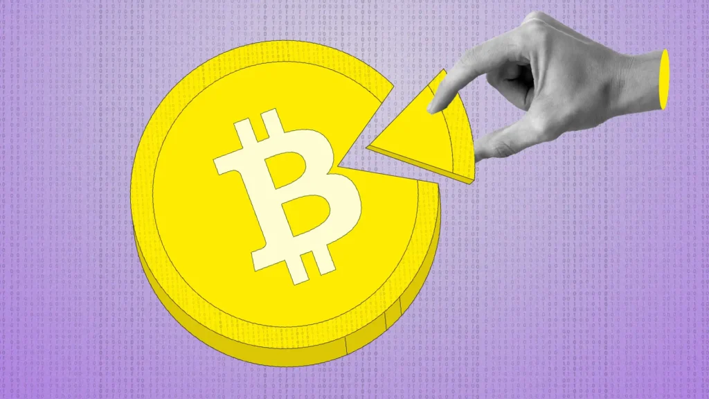 An image depicting institutional accumulation by a hand choosing part of the Bitcoin pie.