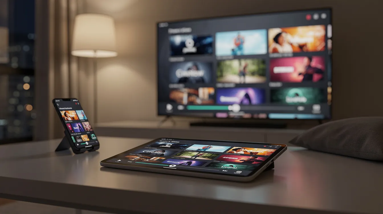 The image shows multiple electronic devices, including a tablet, phone, and television, all streaming content like movies and live TV channels simultaneously. This setup highlights the versatility and device compatibility of an IPTV subscription service, allowing users to enjoy various streaming options across different platforms.