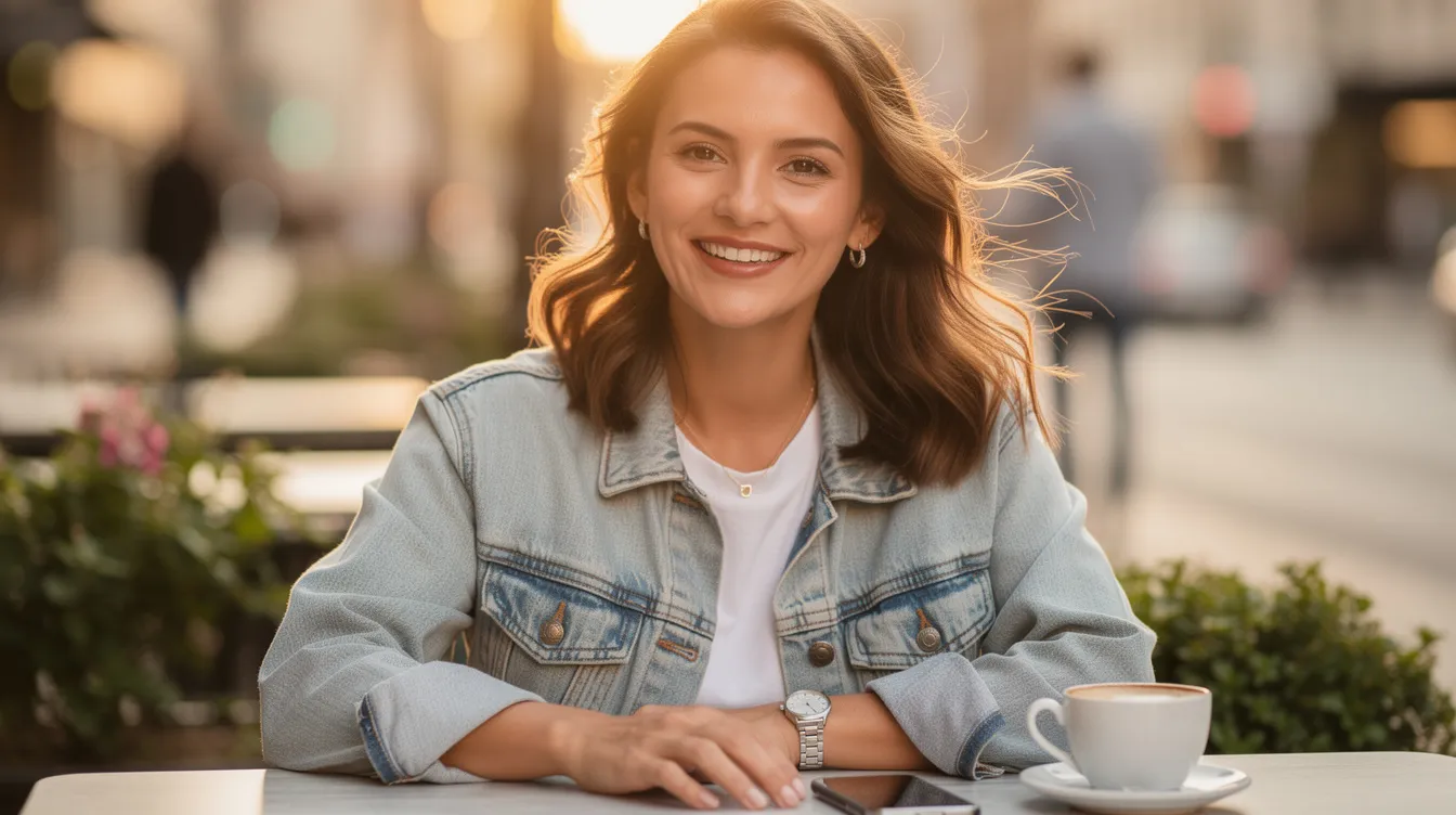 The image depicts a woman smiling at her phone while creating her online dating profile, showcasing her true self and interests. She appears confident and ready to attract the right person for a meaningful relationship, embodying the essence of a good bio on dating apps.