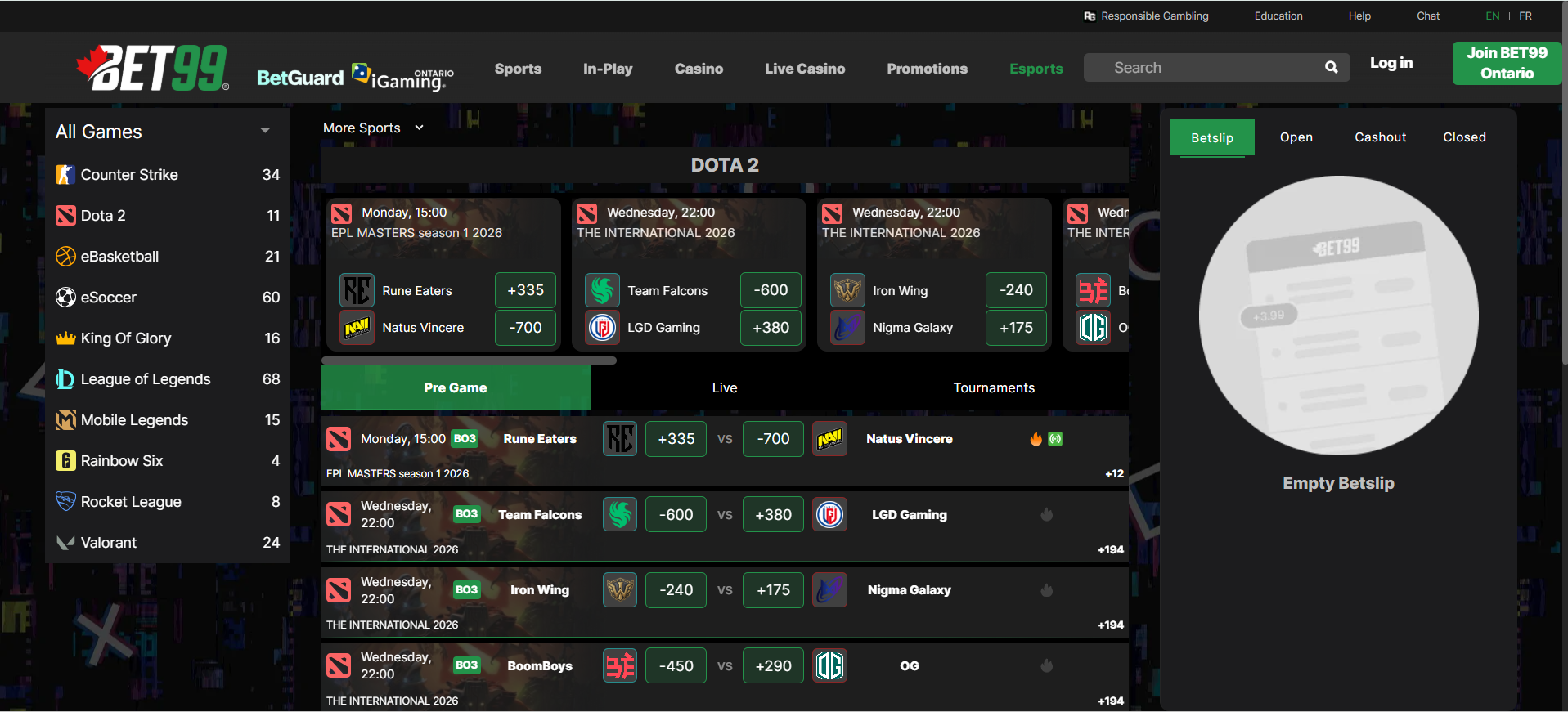A desktop view screenshot of BET99's Dota 2 betting page.