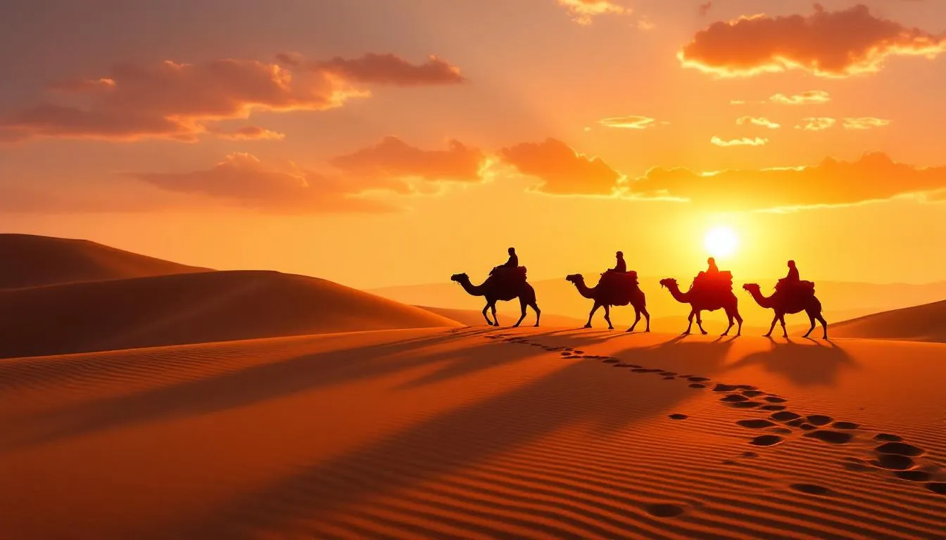 A traditional camel caravan is silhouetted against the golden sand dunes of the Sahara Desert at sunset in Morocco, creating a stunning contrast between the dark camels and the warm glow of the setting sun. This picturesque scene captures the essence of camel trekking adventures in the Erg Chebbi dunes, inviting travelers to explore the beauty of Morocco's desert landscapes.