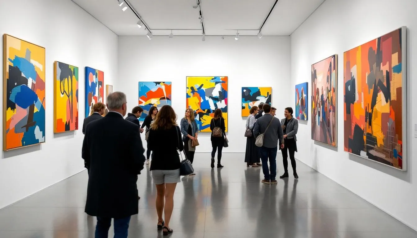 The image depicts a vibrant gallery space within the Marco Island Center for the Arts, featuring a variety of paintings displayed on white walls, while visitors engage with the artwork, reflecting the center's commitment to artistic expression and community engagement through art exhibitions and educational programs.